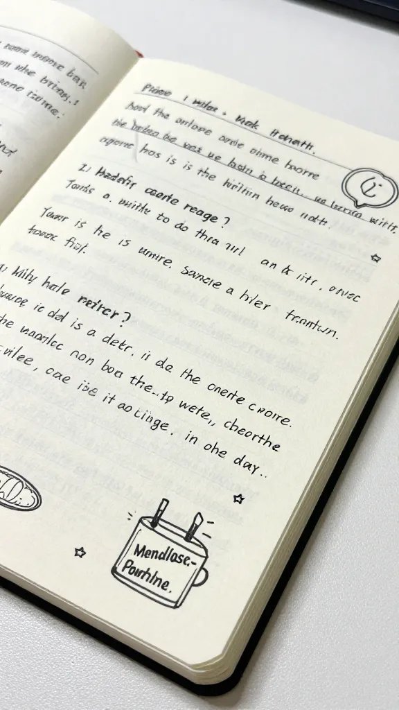 closeup of a messy learning notebook with doodles and notes, desk surface