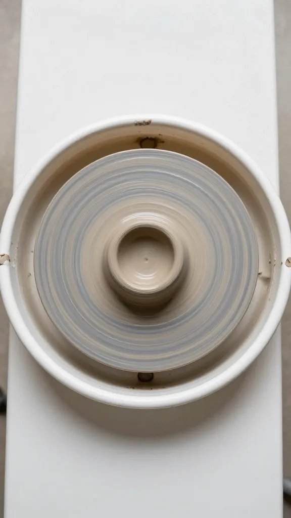 overhead top-down view of a stubborn pottery wheel and clay on a bare table, background neutral