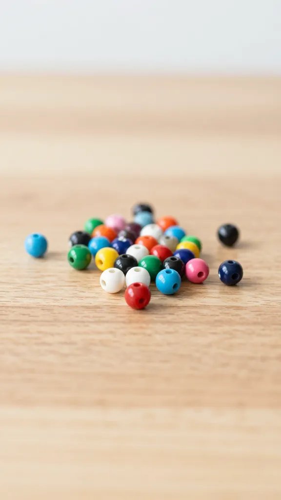 closeup of colorful beads scattered on a wooden table, natural soft light, shallow depth of field, clean neutral background