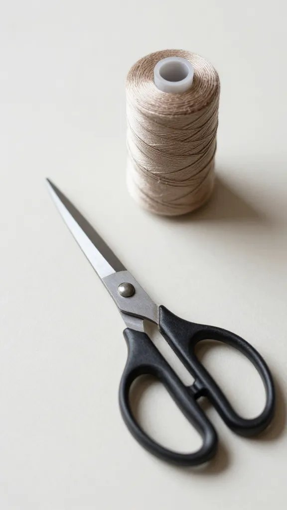 overhead shot of a spool of thread and worn scissors resting on a craft workspace, natural soft light, shallow depth of field, clean neutral background