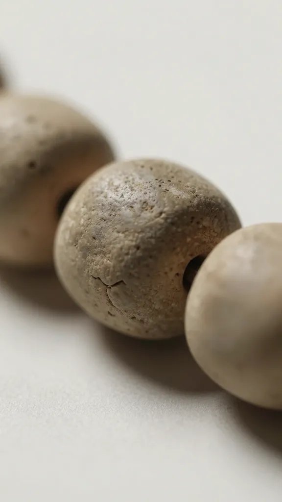 macro detail of clay bead imperfections, earthy tones across a workspace, natural soft light, shallow depth of field, clean neutral background
