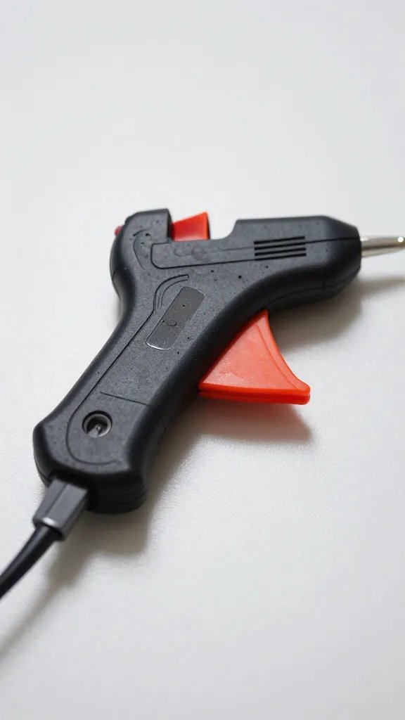 closeup of a glue gun resting on a low-temp setting, smooth work table