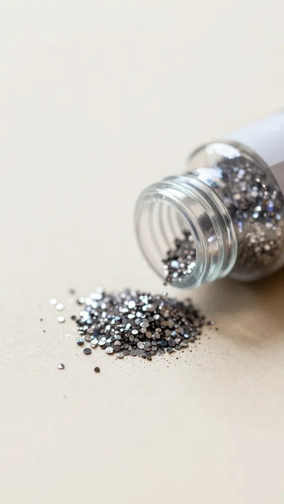 closeup of a glitter bottle cap glitter spill on craft table, natural soft light, shallow depth of field, clean neutral background
