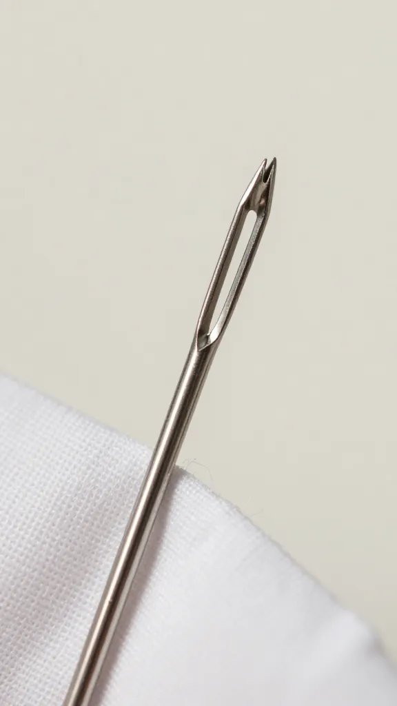 macro detail of a crooked needle and frayed thread near fabric edge, natural soft light, shallow depth of field, clean neutral background