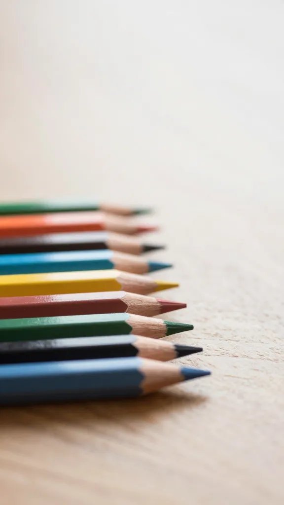 closeup colored pencils neatly arranged on a wooden desk, natural soft light, shallow depth of field, clean neutral background