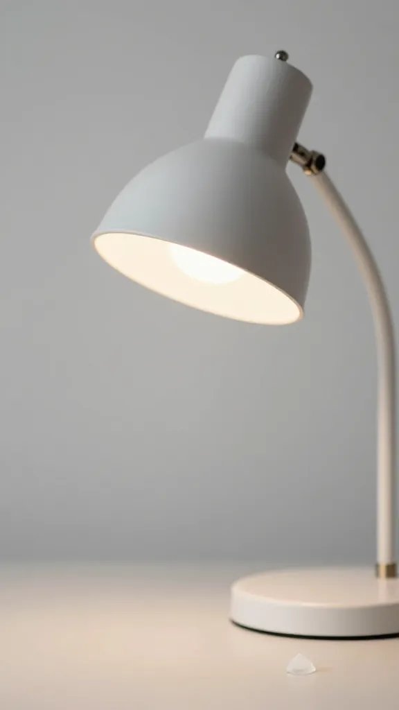 macro detail of a study desk lamp with minimalist shade on a tidy desk, neutral surface, soft light, shallow depth of field, clean neutral background