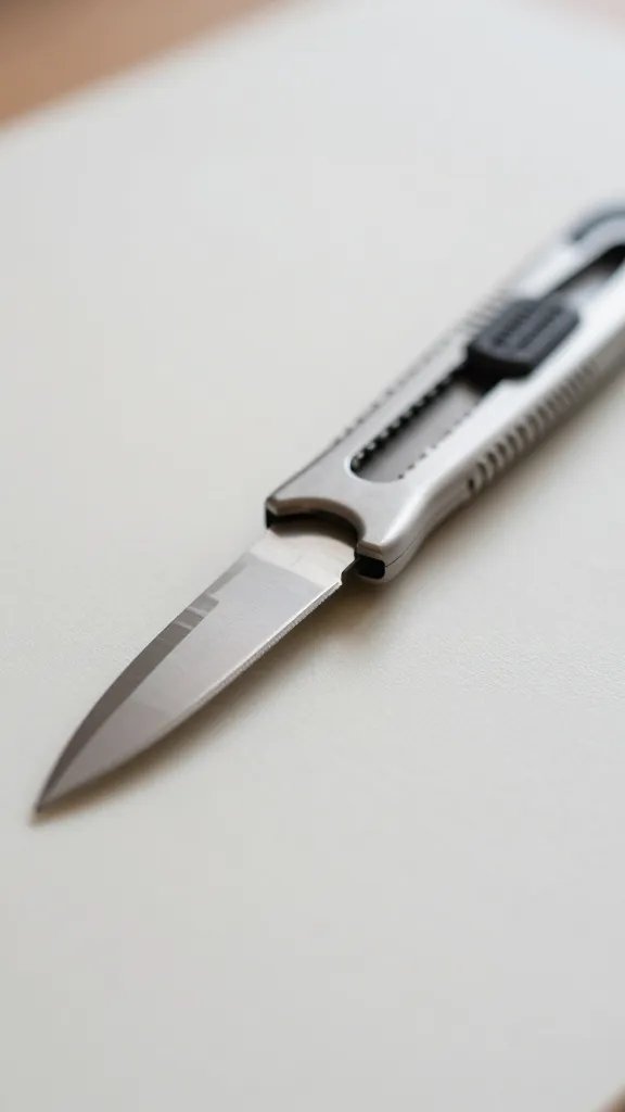 closeup of a craft knife resting on a cutting mat, clean neutral background, natural soft light, shallow depth of field