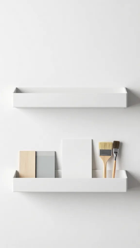 overhead top-down slim wall shelf with brushes and stencils, clean surface