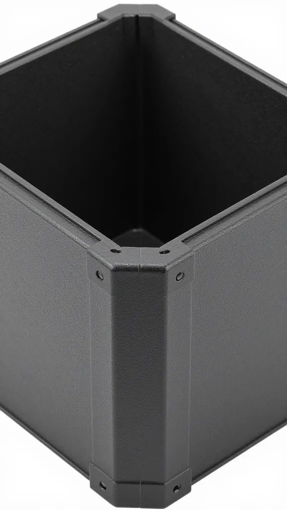 closeup of a sturdy rigid box with reinforced corners, empty interior
