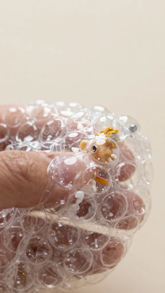 macro detail of bubble wrap bubbles wrapping a delicate craft item, soft background