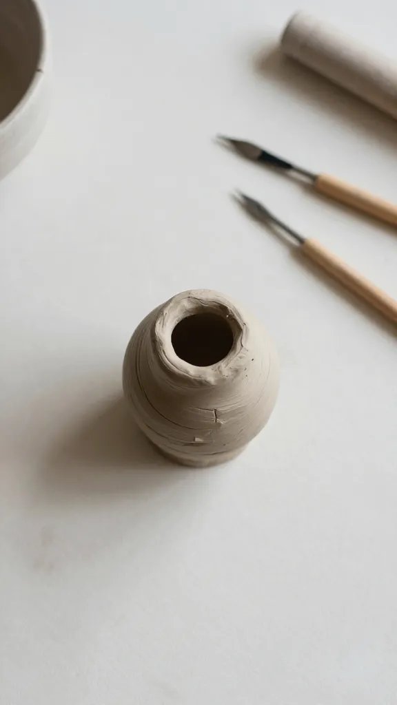 Overhead top-down view of a clay sculpture workspace with a small starter sculpture and sculpting tools on a plain surface, natural soft light, shallow depth of field, clean neutral background
