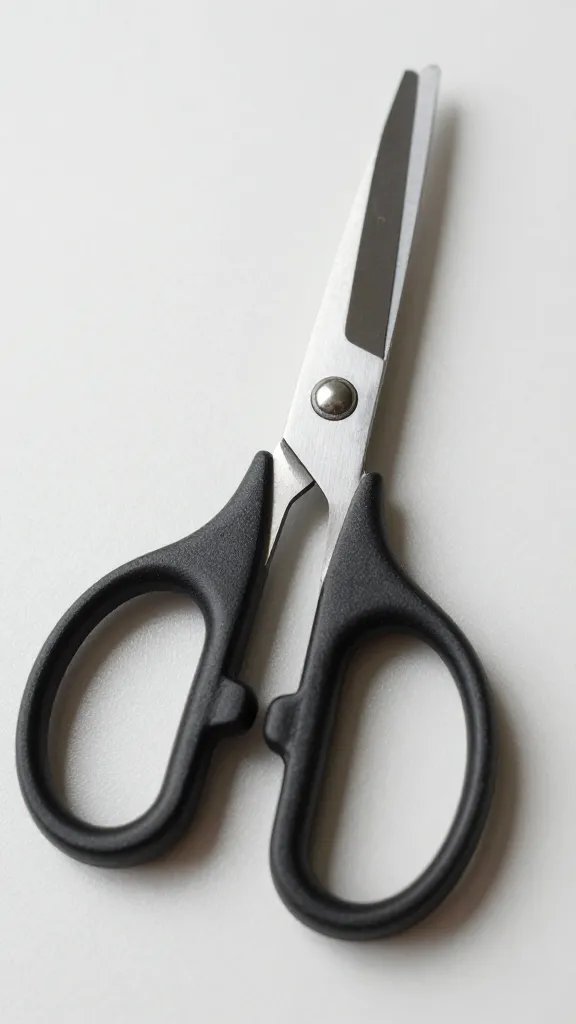 macro detail of chunky scissors with oversized finger holes on a light mat, clean tabletop