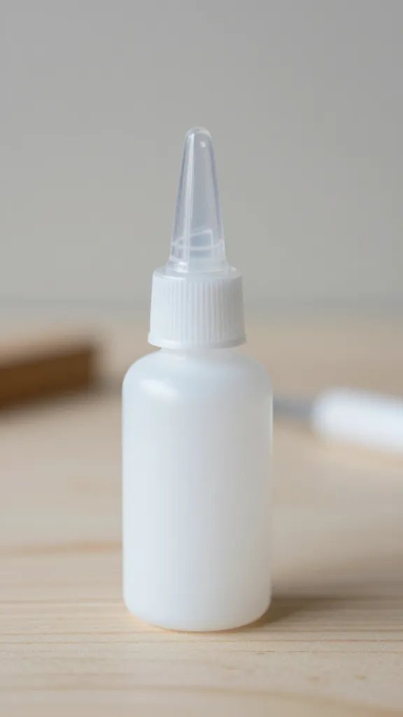 closeup glue bottle with clear cap on a craft table, neutral background, natural soft light, shallow depth of field, clean neutral background
