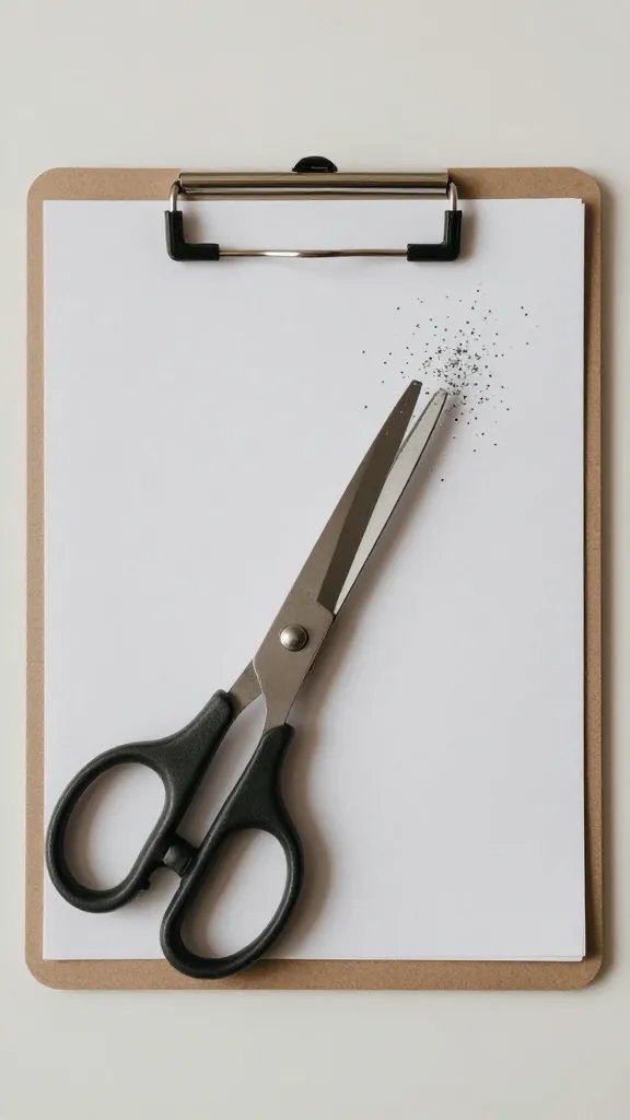 overhead top-down scissors and glitter spill on a clipboard layout, neutral background, natural soft light, shallow depth of field, clean neutral background
