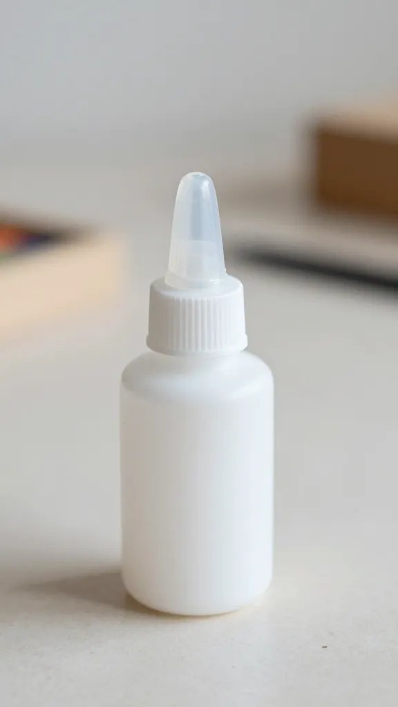 closeup of glue bottle with cap off on a craft table, natural soft light, shallow depth of field, clean neutral background