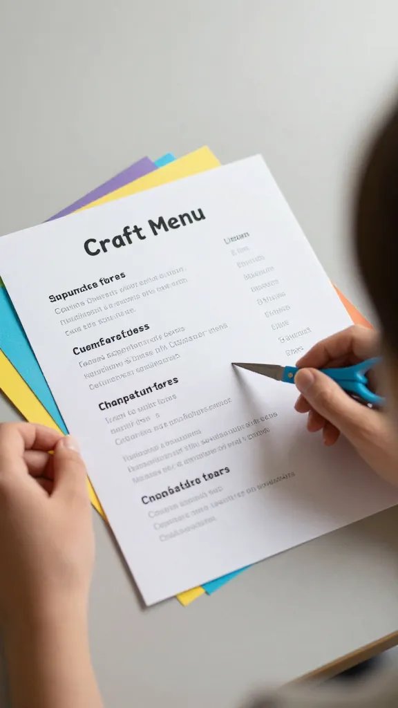 overhead top-down view of a teacher’s open craft choices menu with colorful paper and scissors, natural soft light, shallow depth of field, clean neutral background