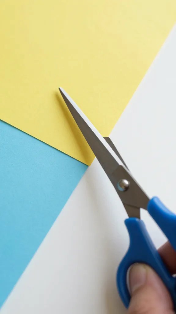 closeup of scissors cutting colored paper with neat edges, plain desk