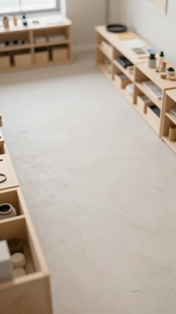 overhead top-down view of a dedicated craft zone with a defined surface, organized storage nearby, natural soft light, shallow depth of field, clean neutral background