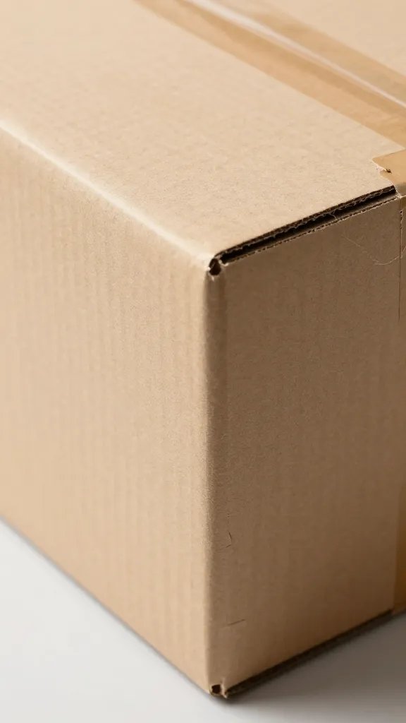 closeup of a cardboard box with torn edges and packing tape, neutral surface