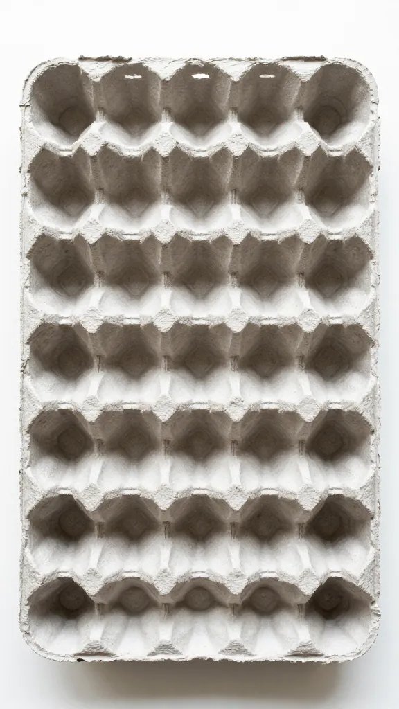 overhead top-down view of empty egg carton with individual compartments, plain tabletop