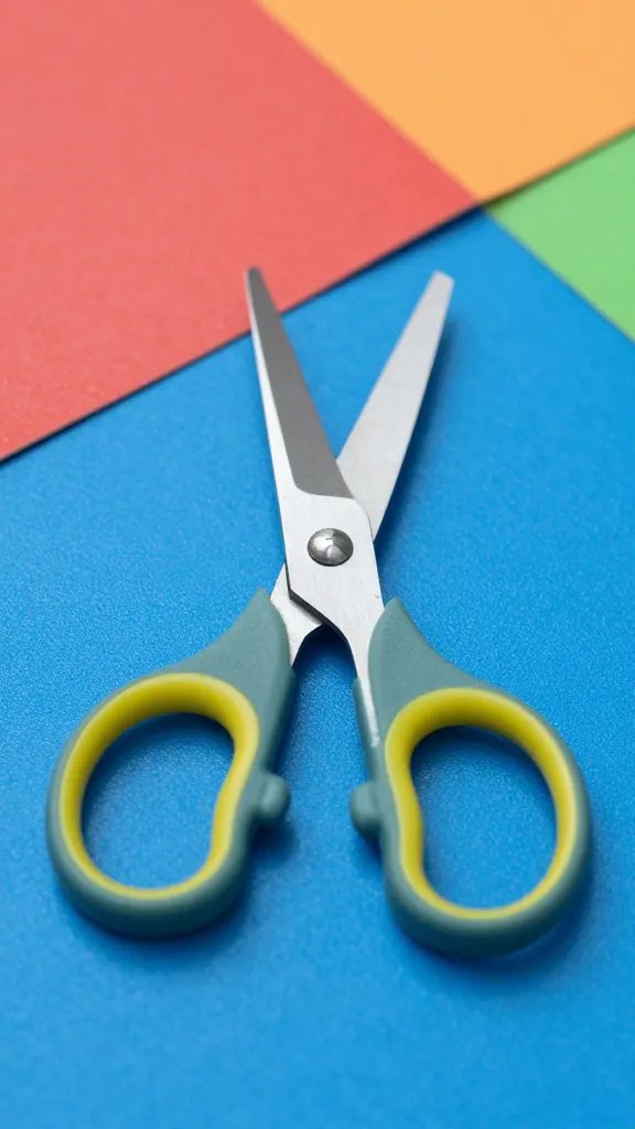 closeup of blunt scissors resting on colorful classroom table mat
