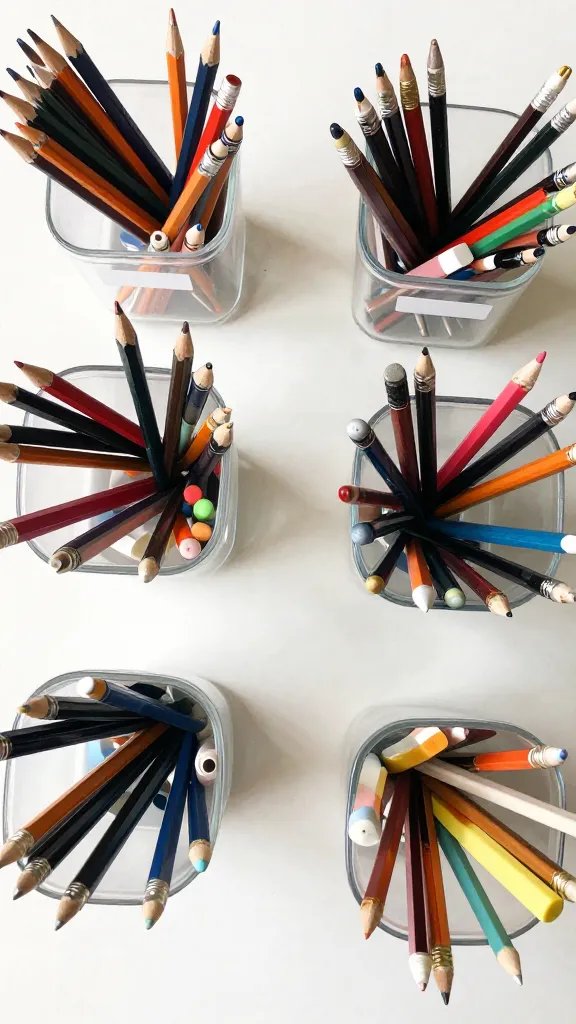 overhead top-down view of clear labeled containers filled with pencils and erasers on a desk