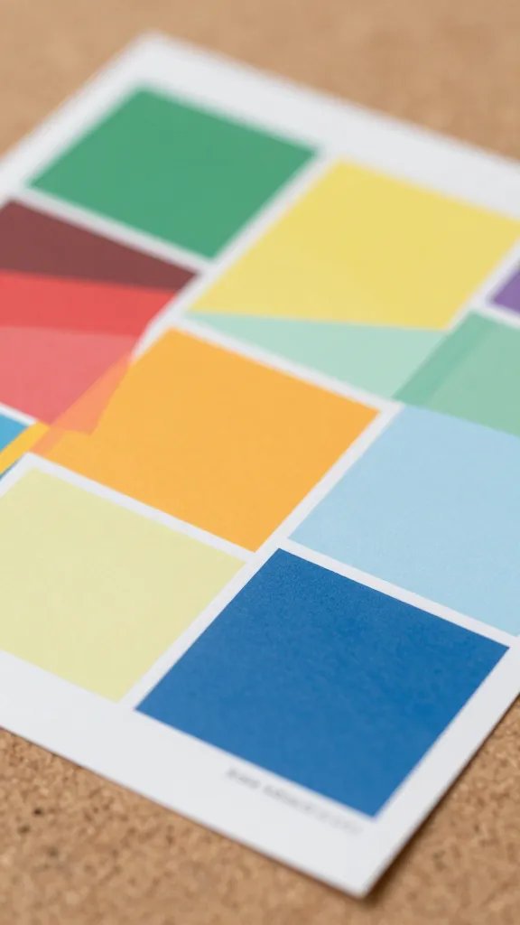 closeup collage paper, bold color swatch pieces on a corkboard surface, natural soft light, shallow depth of field, clean neutral background