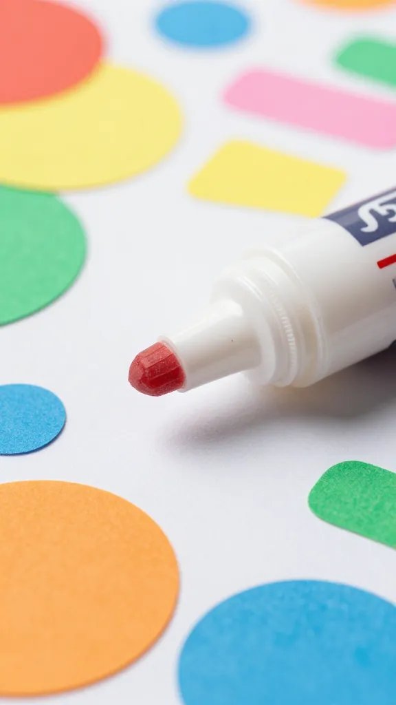 closeup of a glue stick with colorful paper shapes on craft paper