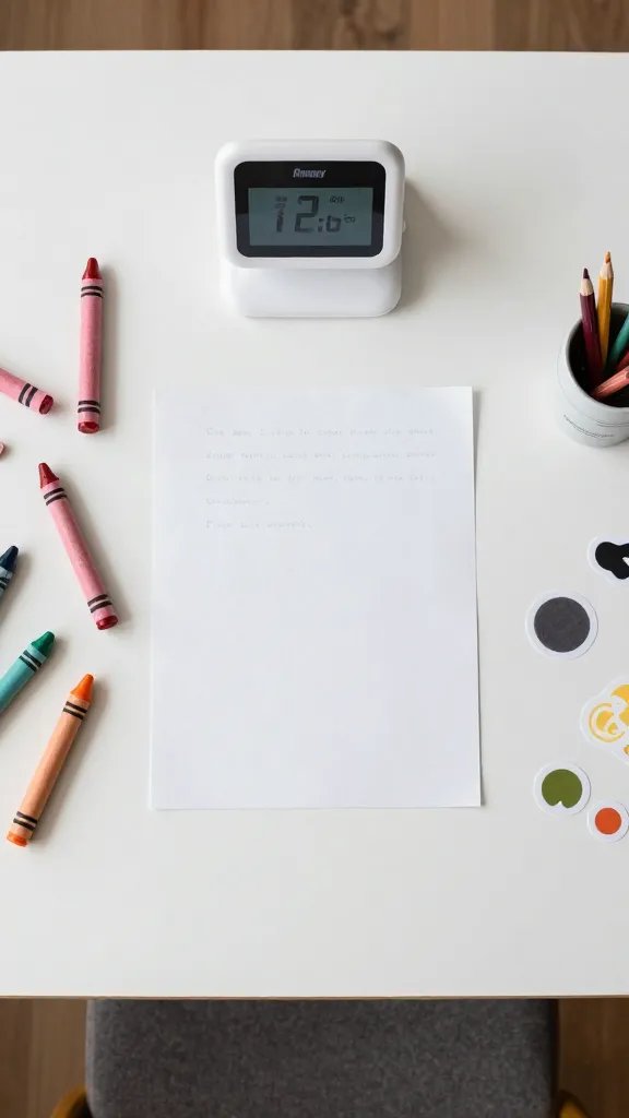 overhead top-down view of a primary station with crayons and stickers on a flat table