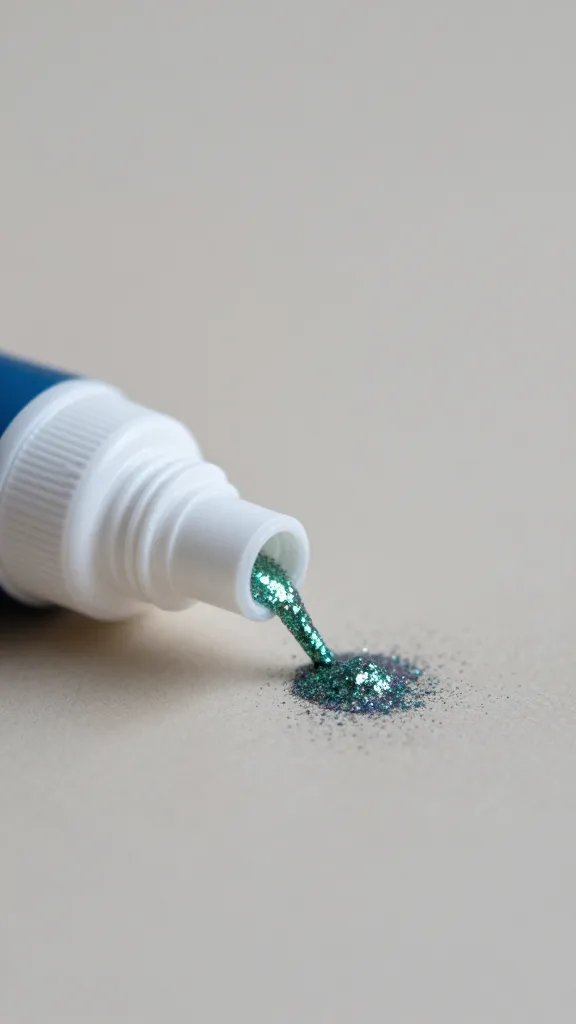closeup of glitter glue bottle cap with spilled glitter on desk, neutral surface, natural soft light, shallow depth of field, clean neutral background
