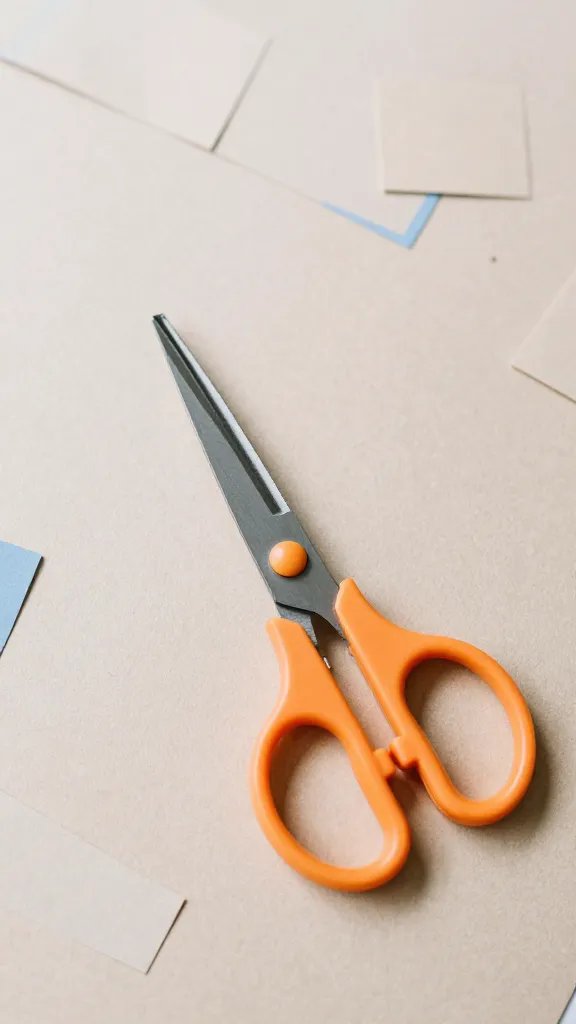overhead top-down view of pair of child-safe scissors and construction paper scraps on craft mat, natural soft light, shallow depth of field, clean neutral background