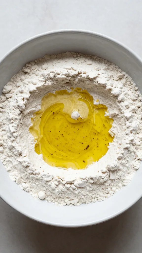 overhead top-down view of a bowl of flour dough with olive oil sheen and vanilla specks, natural soft light, shallow depth of field, clean neutral background