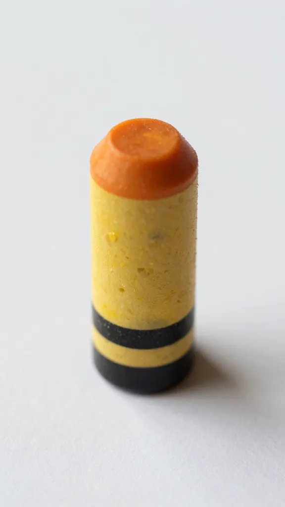 Closeup of chunky crayon stub with bright wax on white paper texture, natural soft light, shallow depth of field, clean neutral background