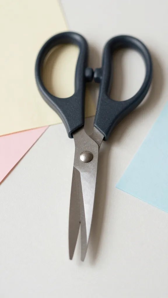 Overhead top-down view of safety scissors with large handles on colored paper scraps, natural soft light, shallow depth of field, clean neutral background