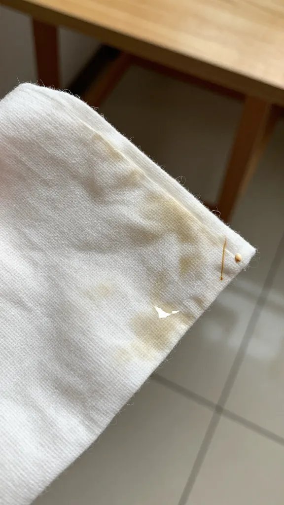 macro detail of a paint-stained cotton rag with damp edges on a tiled floor side-table background
