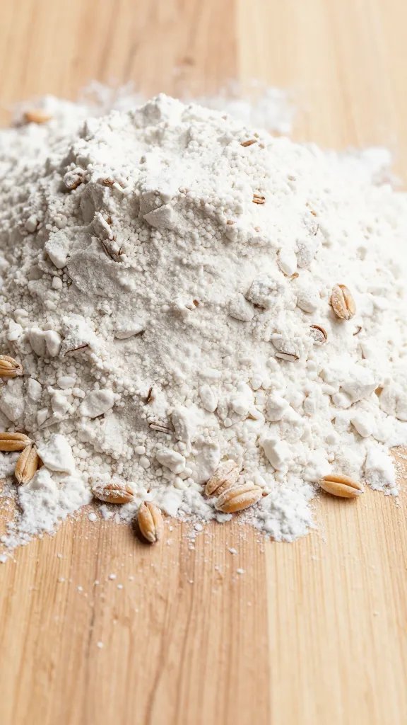 closeup of flour grain with whole wheat specks on wooden counter