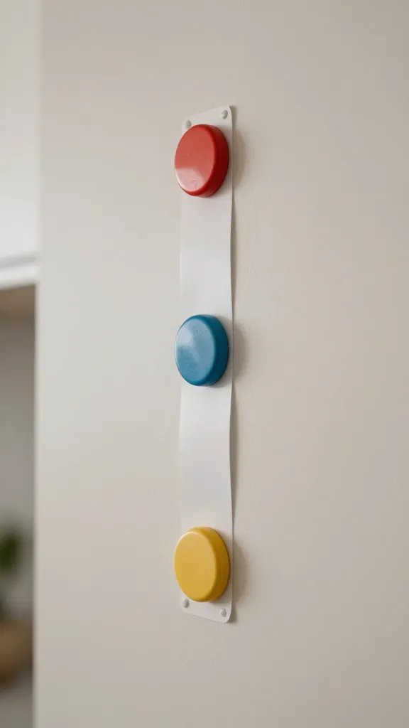 Closeup of a wall-mounted magnetic strip with colorful magnets on a kitchen wall, against neutral background, natural soft light, shallow depth of field, clean neutral background
