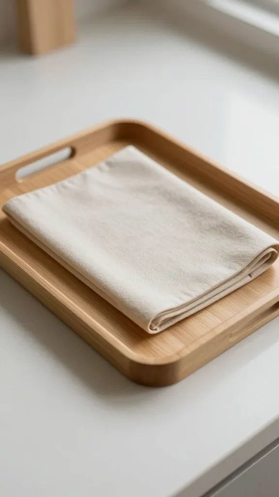 Overhead view of a small craft tray on a slim kitchen counter, with folded mat ready for use, simple surface or background, natural soft light, shallow depth of field, clean neutral background